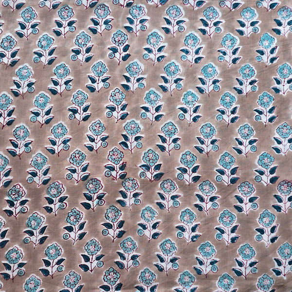 Pure Cotton Jaipuri Light Brown With Teal Flower Motif Hand Block Print Fabric