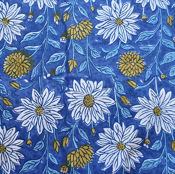 New   Pure Cotton Jaipuri Blue With Mustard Yellow  and White Flower Jaal Hand Block Print Fabric