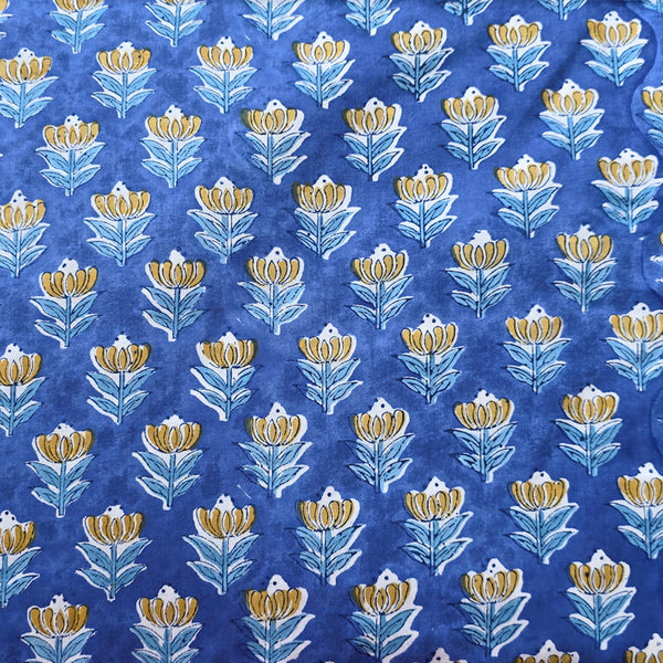 Pure Cotton Jaipuri Blue With Mustard Yellow Flower Motif Hand Block Print Fabric