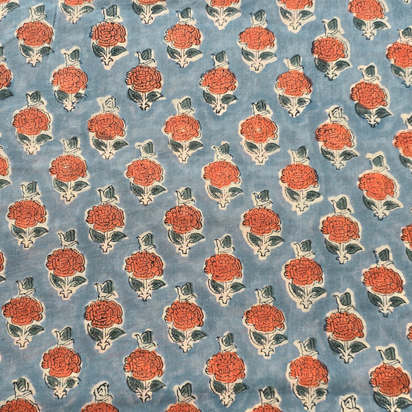 Pure Cotton Jaipuri Blue With Orange  Flower Motif Hand Block Print Fabric