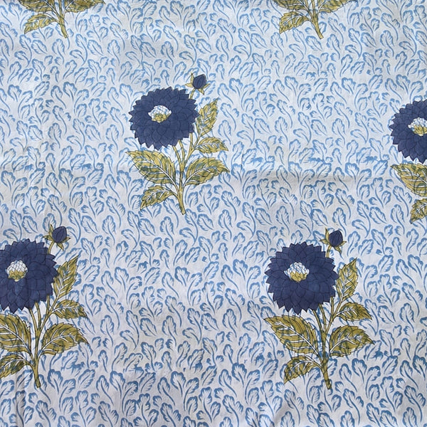 Pure Cotton Jaipuri White With Blue Flower Motif Hand Block Print Fabric