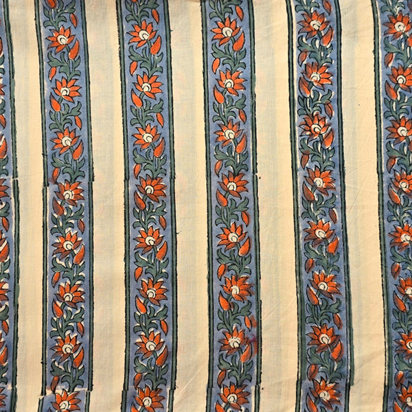 Pure Cotton Jaipuri Cream With Grey and Orange Flower Stripe Hand Block Print Fabric