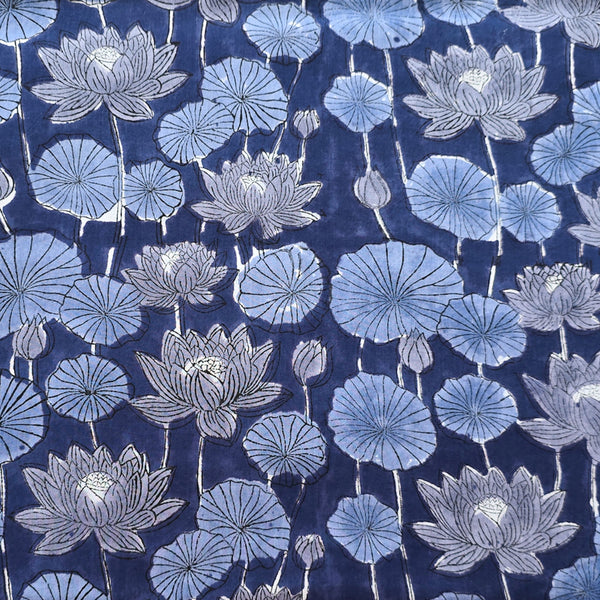 Pure Cotton Jaipuri Dark Blue With Grey Flower Jaal Hand Block Print Fabric
