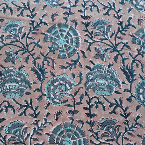 Pure Cotton Jaipuri Light Brown With Teal  Flower Jaal Hand Block Print Fabric