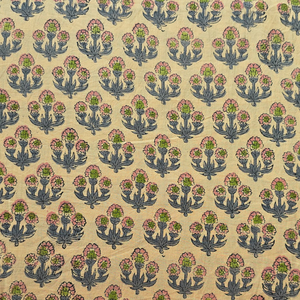 Pure Cotton Jaipuri Beige With Pink  Flower Motif Hand Block Print Fabric