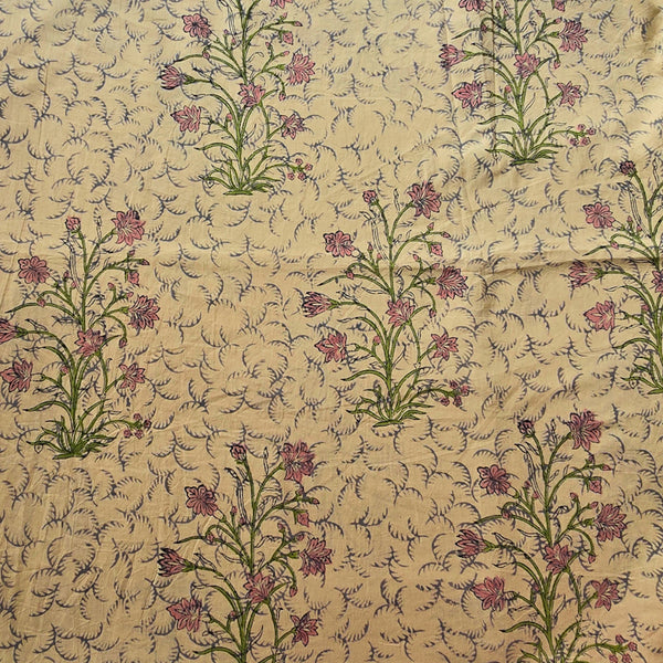 Pure Cotton Jaipuri Beige With Baby Pink and Green Flower Jaal Hand Block Print Fabric