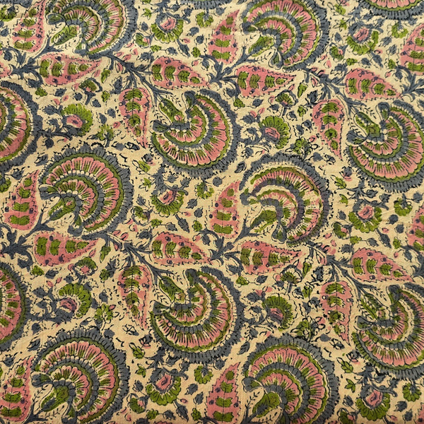 Pure Cotton Jaipuri Beige With Baby Pink and Grey Flower Jaal Hand Block Print Fabric