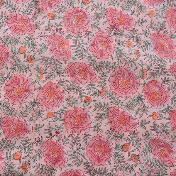 Pure Cotton Jaipuri Peach With  Pink and Grey Flower Jaal Hand Block Print Fabric