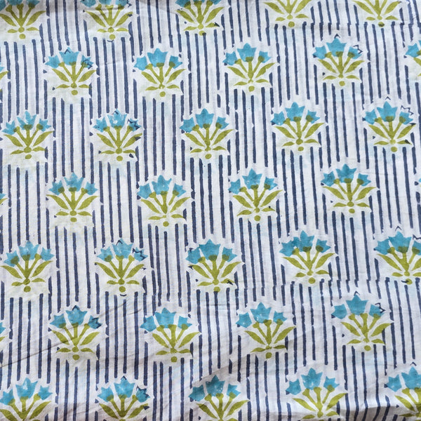 Pure Cotton Jaipuri White With Light Blue and Light Green Flower Motif Hand Block Print Fabric