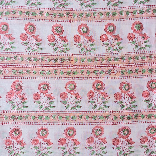 Pure Cotton Jaipuri White With Peach and Red Flower Jaal Hand Block Print Fabric