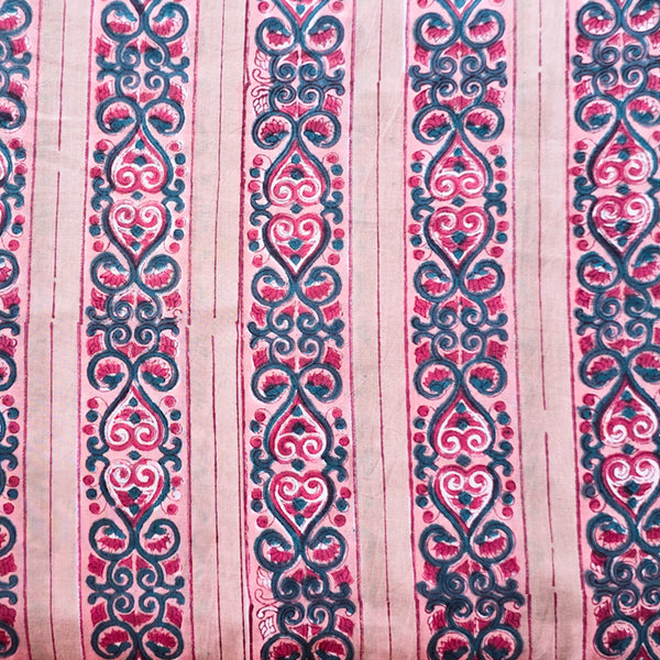 Pure Cotton Jaipuri Beige With Teal and Pinkish Border Hand Block Print Fabric