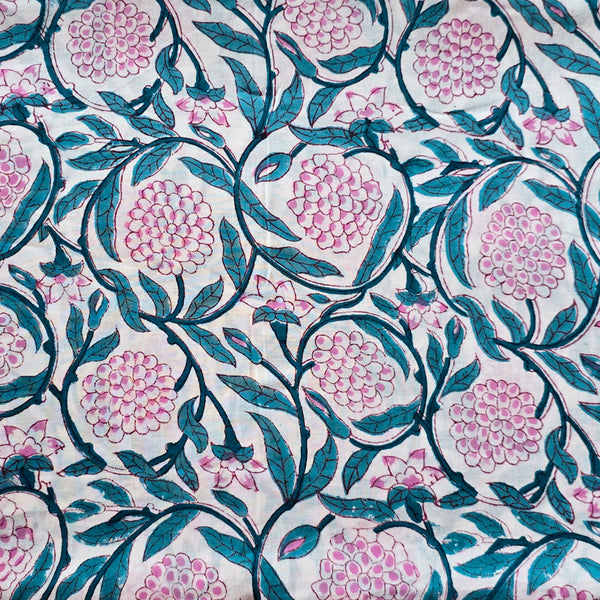 Pure Cotton Jaipuri White With  Pink and Teal Flower Jaal Hand Block Print Fabric