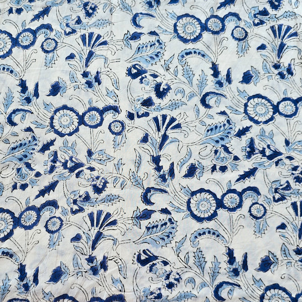 Pure Cotton Jaipuri White With Blue and Grey Flower Jaal Hand Block Print Fabric