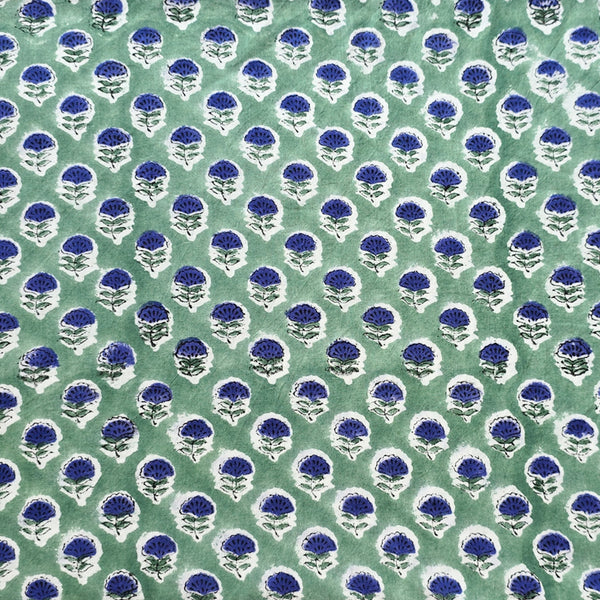 Pure Cotton Jaipuri Green With Purple  Flower Motif Hand Block Print Fabric