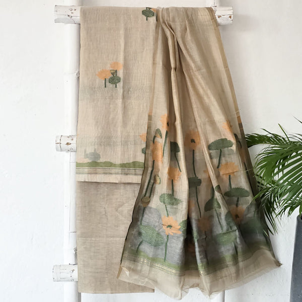 RIDHI-Soft Jute Beige With Pink Lotus Motif Suit