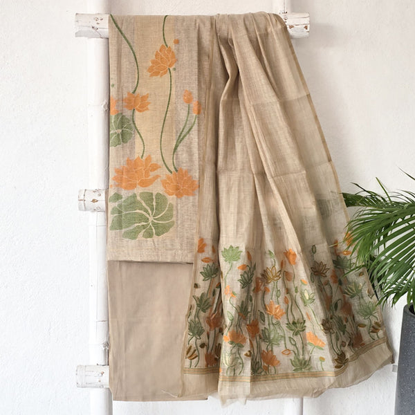 RIDHI-Soft Jute Beige With Orange  Lotus Jaal Suit