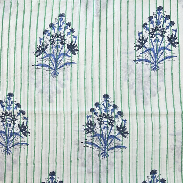Pure Cotton Jaipuri  White With Green Stripes With Plant Motif  Hand Block Print Fabric