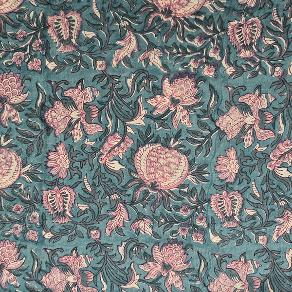 Pure Cotton Jaipuri Blue With Wild  Flower Jaal  Hand Block Print Fabric