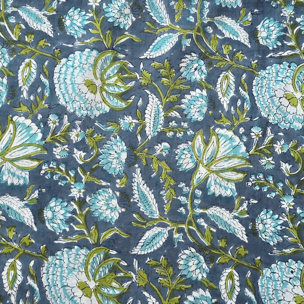 Pure Cotton Jaipuri  Dark Grey With Blue Flower Jaal   Hand Block Print Fabric