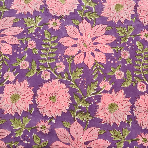 Pure Cotton Jaipuri  Purple With Pink Big Flower Jaal   Hand Block Print Fabric