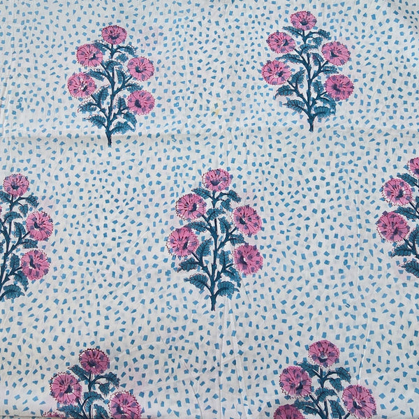 Pure Cotton Jaipuri White With Blue Self Design And Pink Plant Motif Hand Block Print Fabric