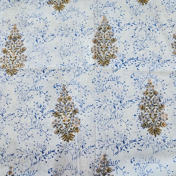 Pure Cotton Jaipuri  White With Blue Self Design And Plant Motif Hand Block Print Fabric