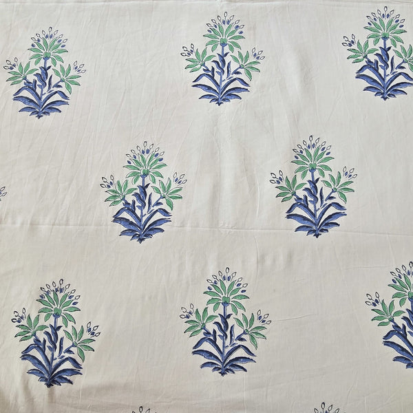 Pure Cotton Jaipuri White With Green Flower  Plant Motif Hand Block Print Fabric