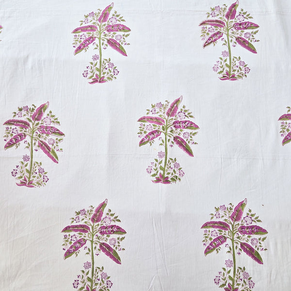 Pure Cotton Jaipuri White With Purple  Plant Motif Hand Block Print Fabric