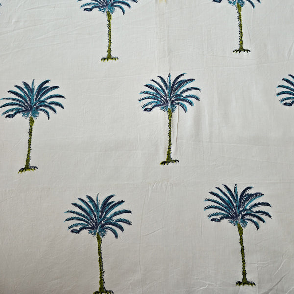 Pure Cotton Jaipuri White With Blue and Grey Coconut Tree Hand Block Print Fabric