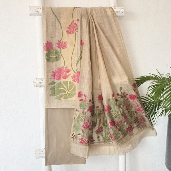 RIDHI-Soft Jute Beige With Pink Lotus Jaal Suit