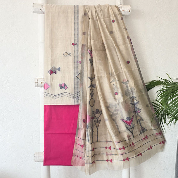 RIDHI-Soft Jute Beige With Pink Geomatrical Fishes   Suit