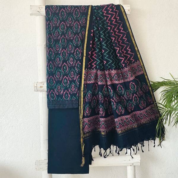 KRUTIKA- Pure Cotton Hakoba Navy Blue With Design Motif Suit