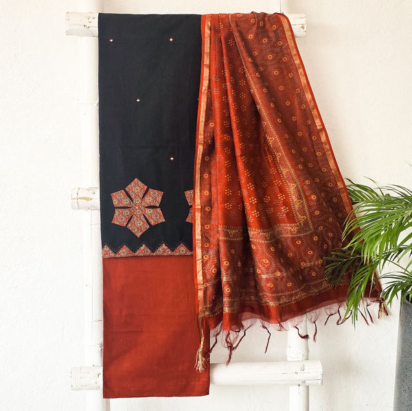 RAGINI -Pure Cotton Black With Rust  Maroon Patchwork Yoke Suit