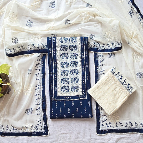 RIDHI-Pure Cotton Blue With White Elephant Motif Yoke Suit