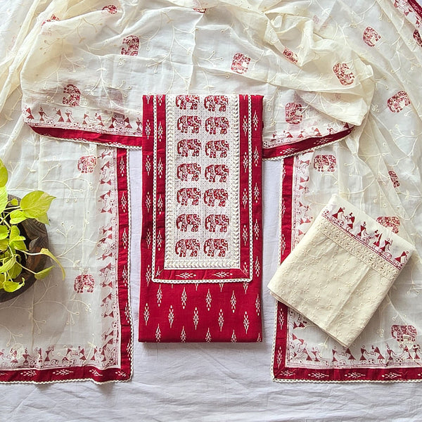 RIDHI-Pure Cotton Red With White Elephant Motif Yoke Suit