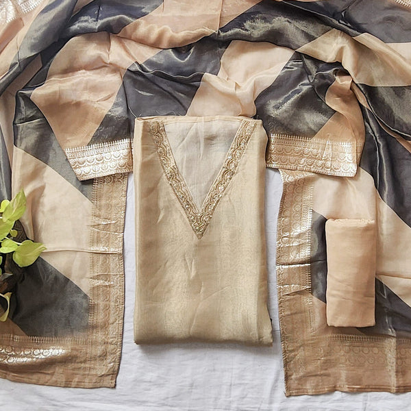 VAANI - Tissue  Chiku  With Embroided V Neck Yoke Suit