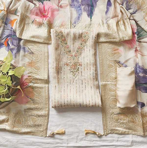 VAANI - georgette  Cream  With Embroided V Neck Yoke Suit