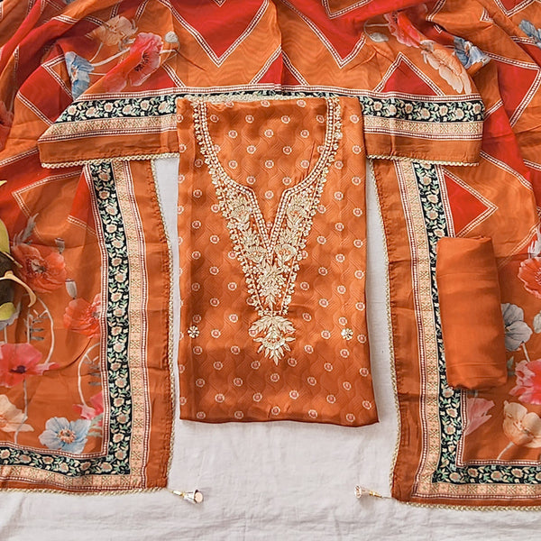 VAANI - Muslin Rust Orange With Embroided V Neck Yoke Suit