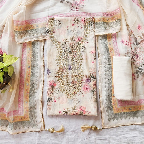 VAANI - Chanderi Cream Floral Design With Embroided Yoke Suit