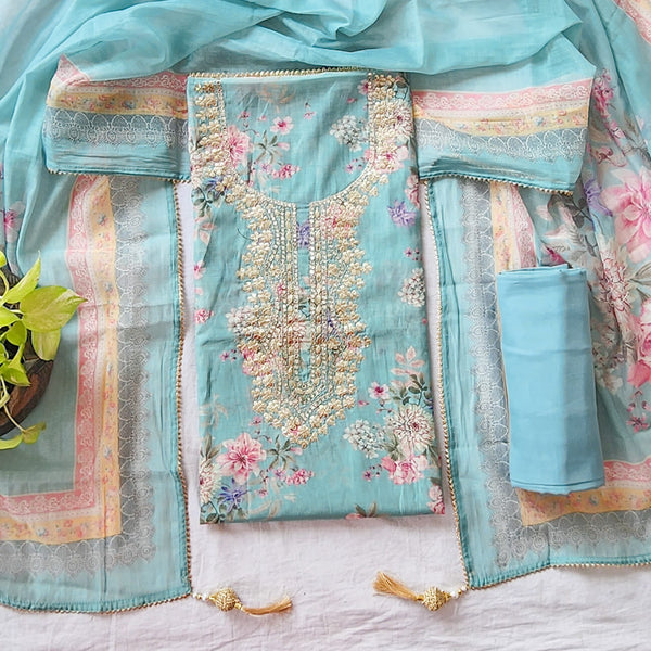 VAANI - Chanderi Mint Floral Design With Embroided Yoke Suit