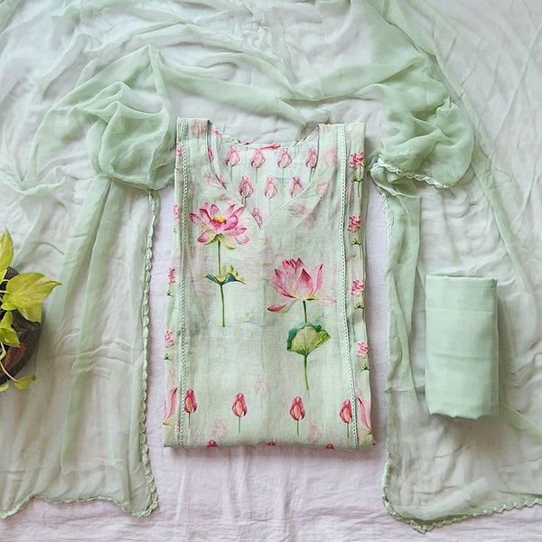 VAANI - Mul Chanderi Pista Green  With Digital Print Suit