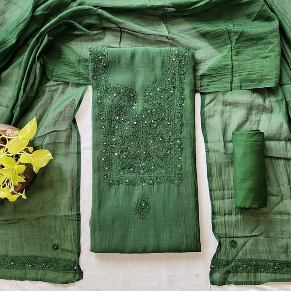 Lucknowi -Mul Chandari Lucknowi Dark Green With Embroided Yoke Suit