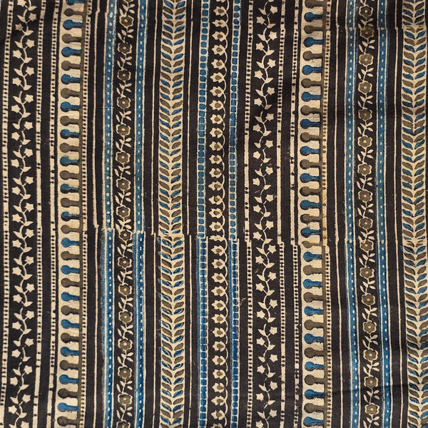 Pure Cotton Teen Kaam Ajrak  sandy brown With Design Stripes Hand Block Print Fabric