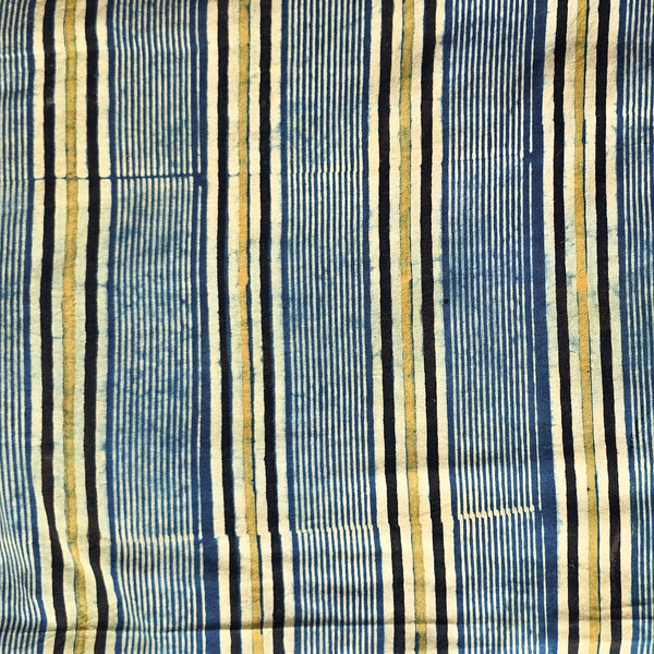 Pure Cotton Teen Kaam Ajrak Blue With Cream Stripes Hand Block Print Fabric