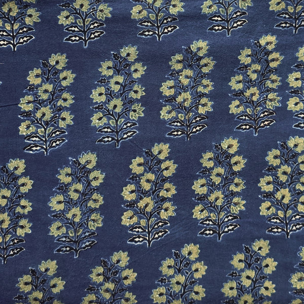 Pure Cotton Teen Kaam Ajrak Blue With Big Flower Motif  Hand Block Print Fabric