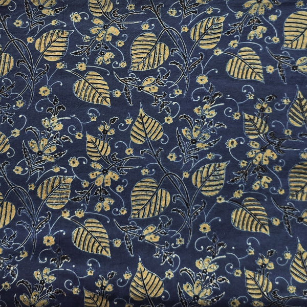 Pure Cotton Teen Kaam Ajrak Blue With leaves Jaal Hand Block Print Fabric