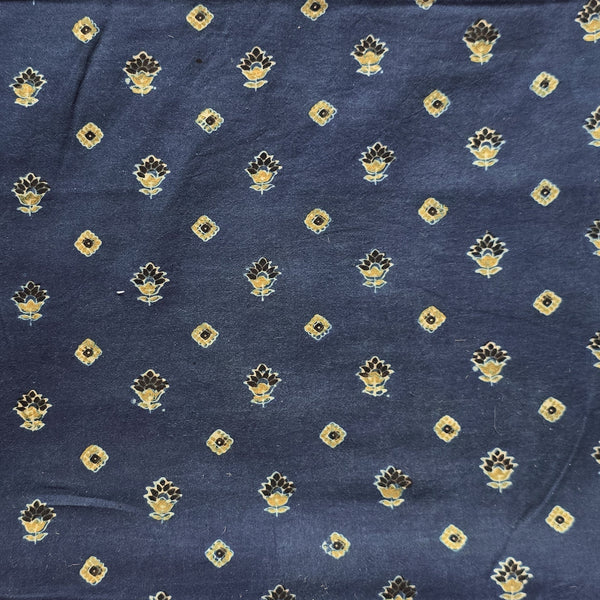 Pure Cotton Teen Kaam Ajrak Blue With  Flower Motif Hand Block Print Fabric