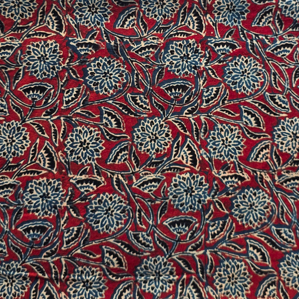 Pure Cotton Teen Kaam Ajrak Maroon With Blue Flower Jaal Hand Block Print Fabric