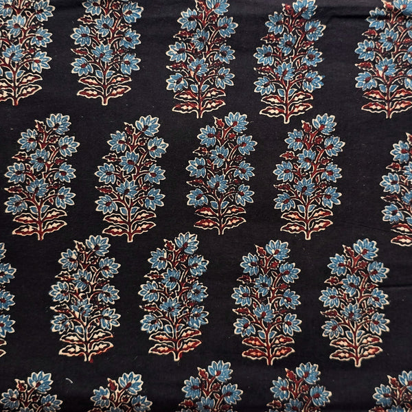 Pure Cotton Teen Kaam Ajrak  Black With Blue Big Flower Motif Hand Block Print Fabric