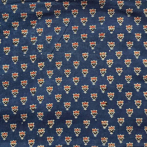 Pure Cotton Teen Kaam Ajrak With Blue lotus Motif Hand Block Print Fabric